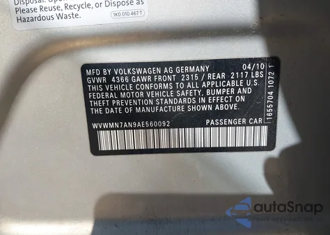 2010 Volkswagen Cc Sport z USA, uszkodzony, nr VIN WVWMN7AN9AE560092